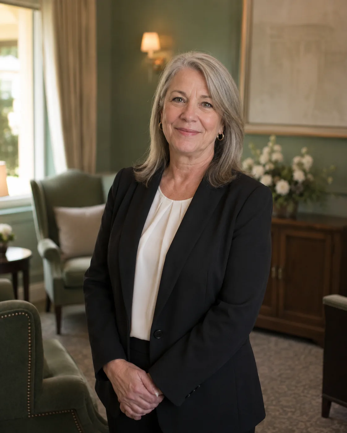 A funeral professional in a softly lit room