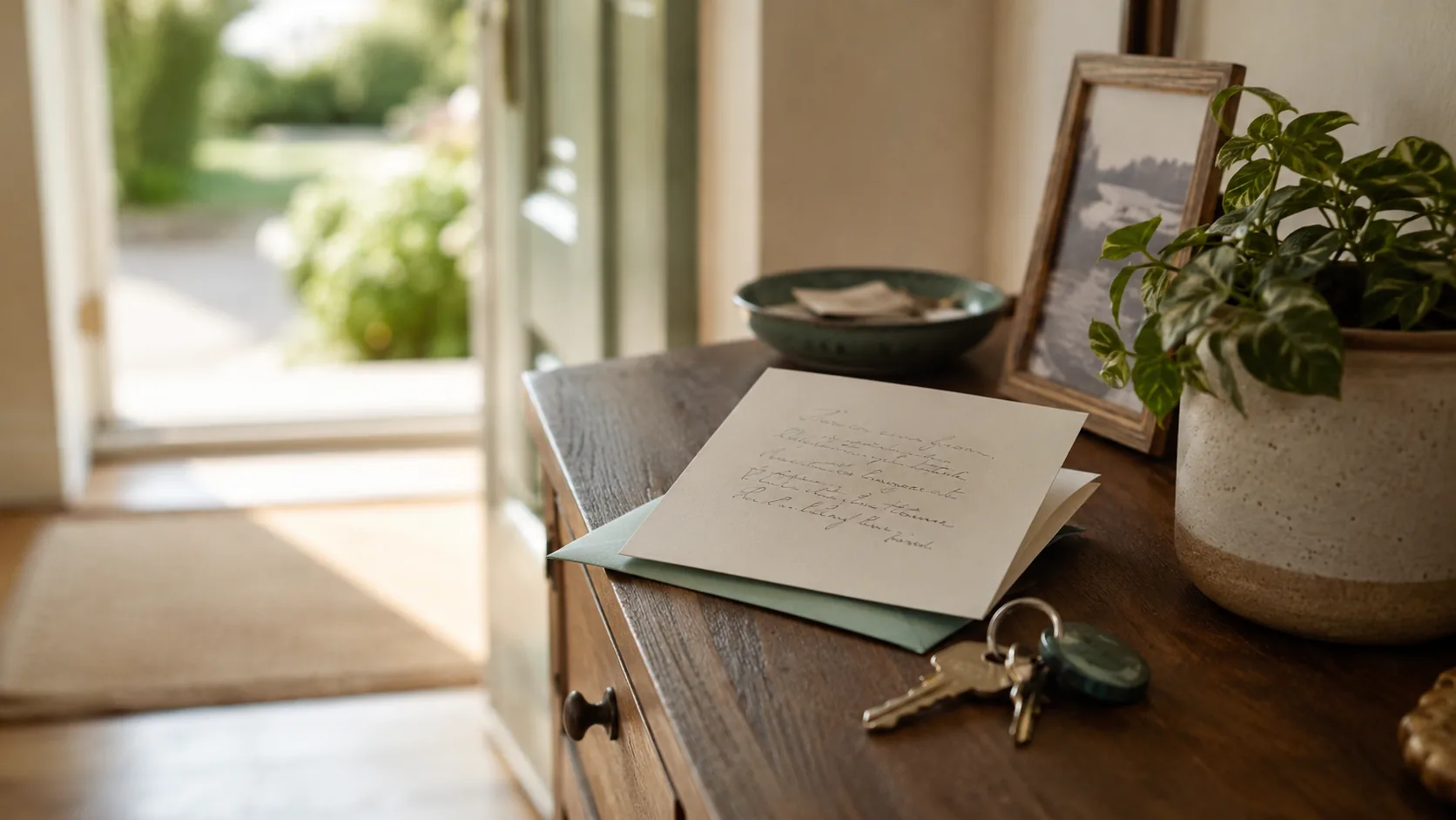 A sympathy card on an entry table