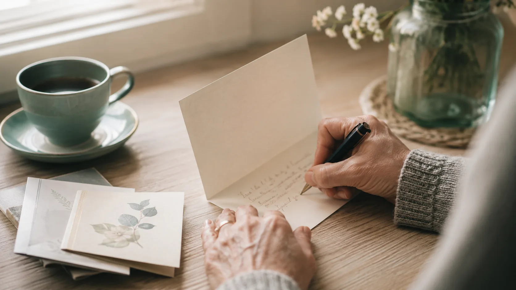 Hands writing a message in a sympathy card