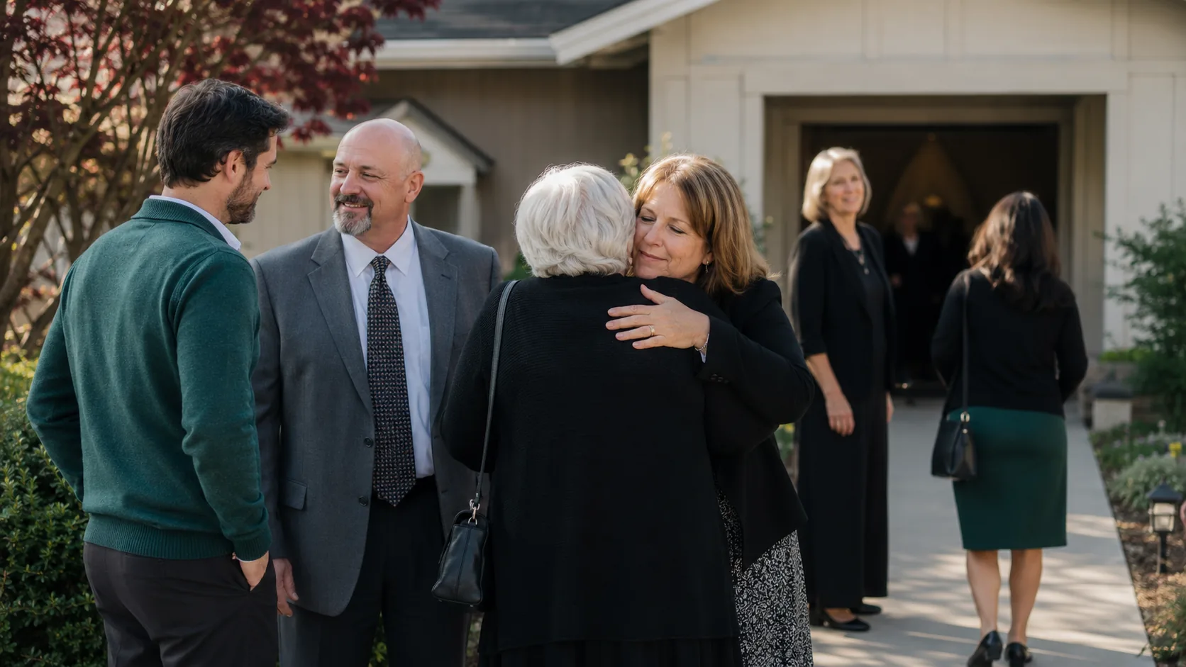 Friends and family greeting one another outside a service