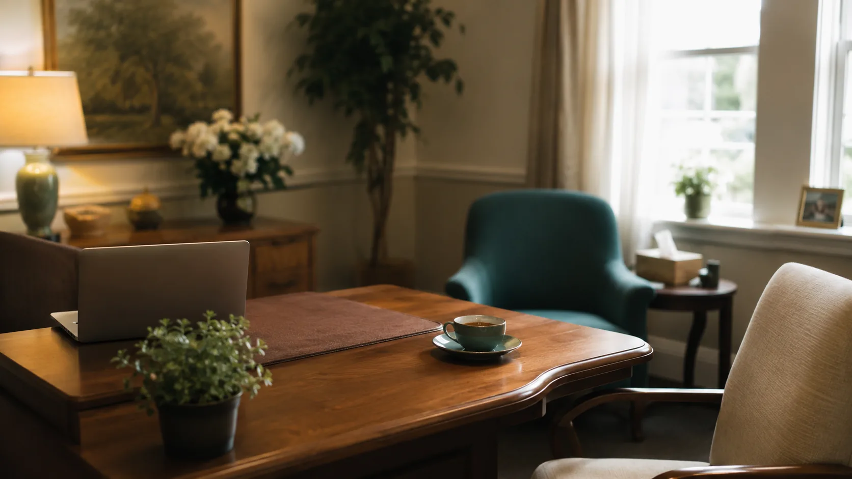 A warm, inviting funeral-home office