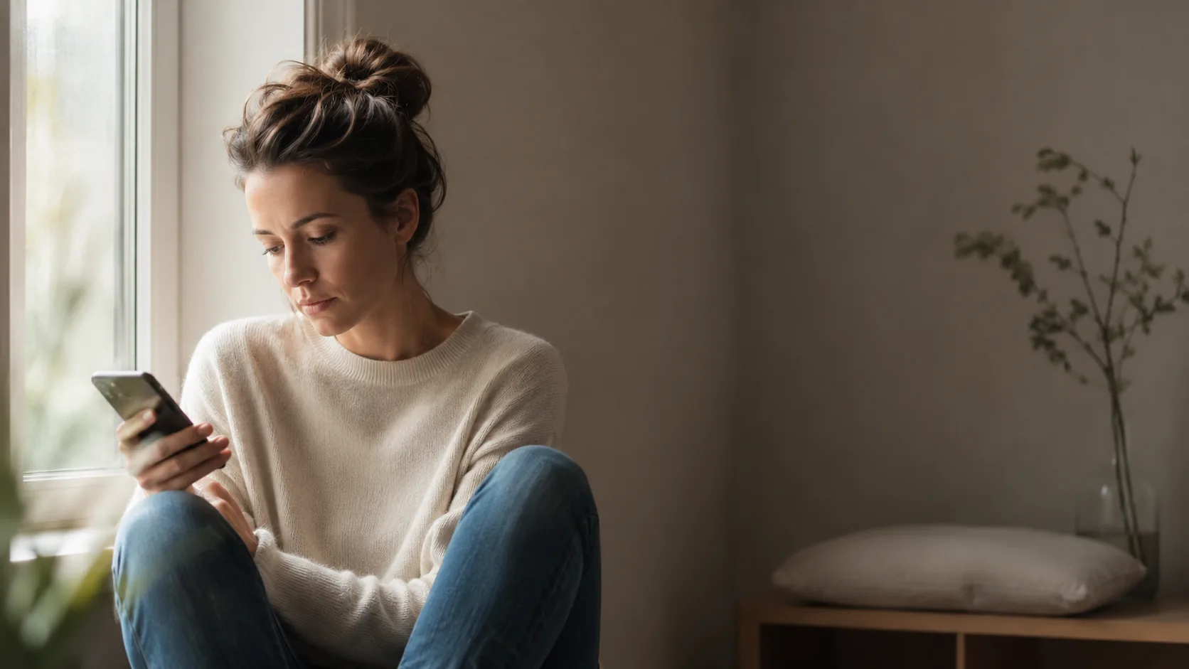 A woman reads a message on her phone by a window